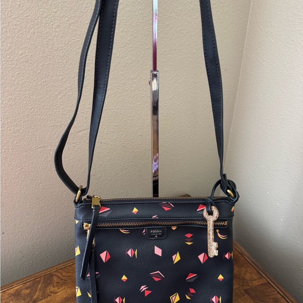 Fossil Black Crossbody Bag with Colorful Geometric Design